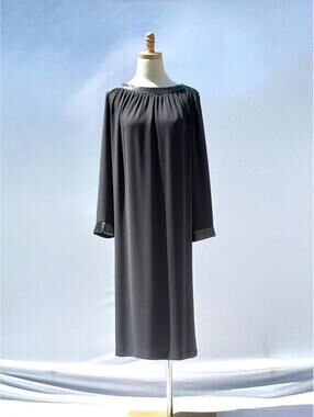 Vintage 60s Slate Gray Beaded Chiffon Long Sleeve Tunic Dress Large Jack Byran